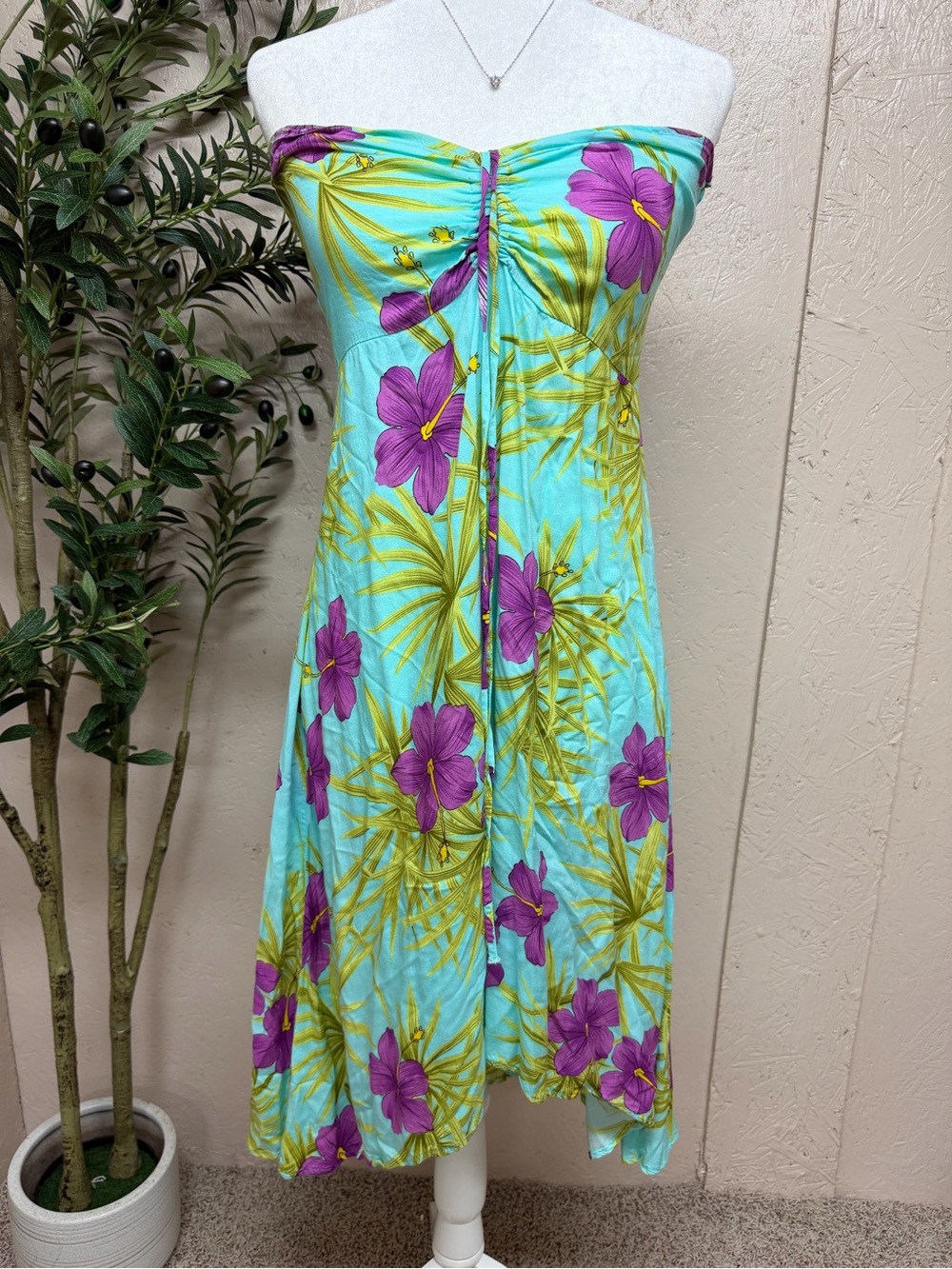 Turquoise Strapless Floral Sundress with Purple Blooms